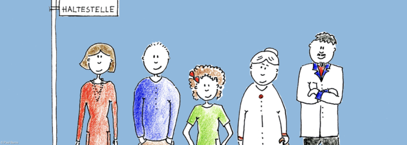 Zeichnung Menschen an einer Bushaltestelle