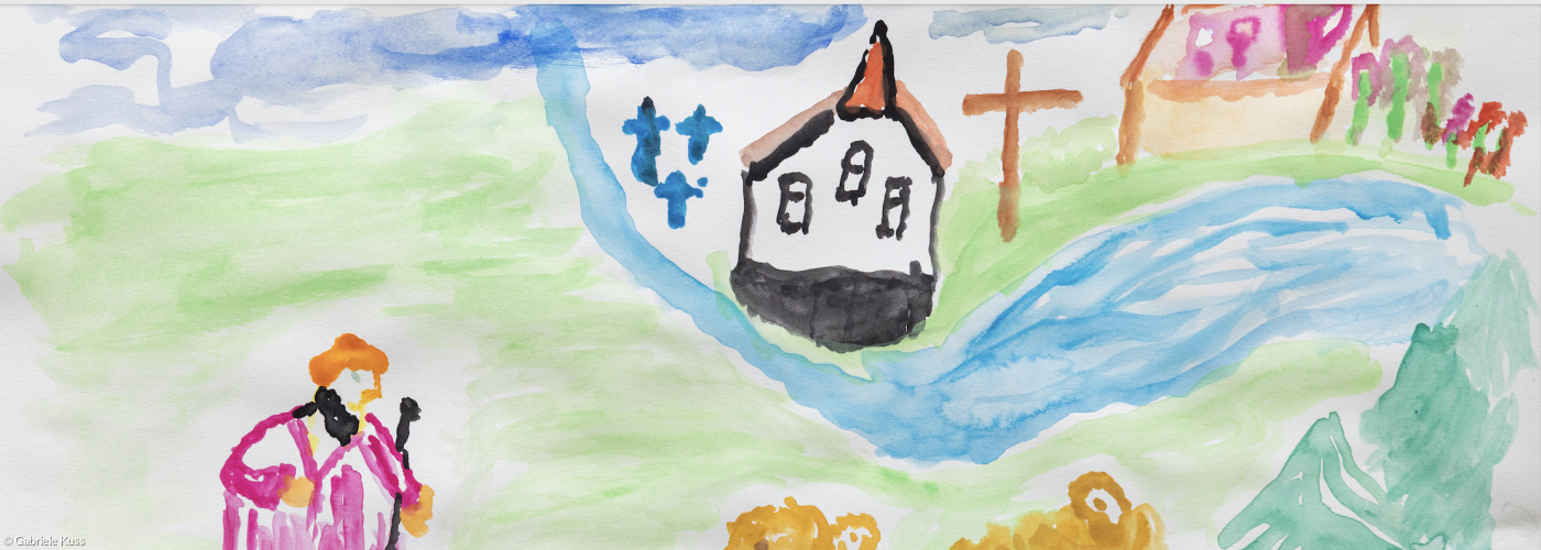 Hirte und Kirche auf dem Berg Aquarell