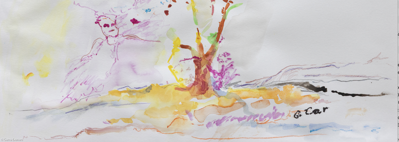 eher abstraktes, farbenfrohes Bild Engel und Baum; ©: Gerna Demers eher abstraktes, farbenfrohes Bild Engel und Baum