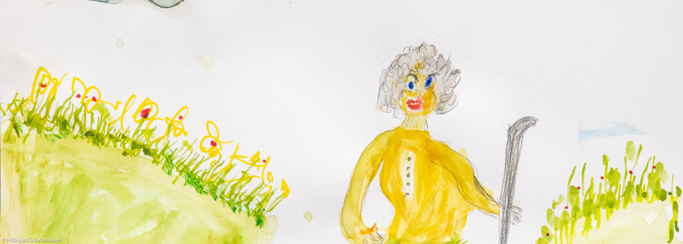 Farbzeichnung Selbstbewusste Hirtin mit Stock unter dräuender Wolke