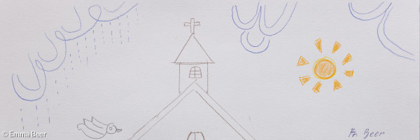 Buntsiftzeichnung einer Kirche mit Blumen und Sonne