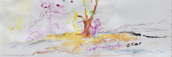 eher abstraktes, farbenfrohes Bild Engel und Baum