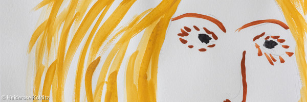 Farbzeichnung einer blonden Frau mit blauer Kette