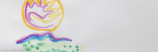 Kreis mit Flammen auf Hügel, Aquarell