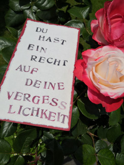 Rosen und Zettel mit Aufdruck: "Du hast ein Recht auf Deine Vergesslichkeit"