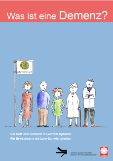 Deckblatt Broschüre "Was ist eine Demenz" mit gezeichneten Menschen an der Haltestelle