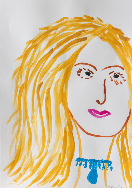 Farbzeichnung einer blonden Frau mit blauer Kette