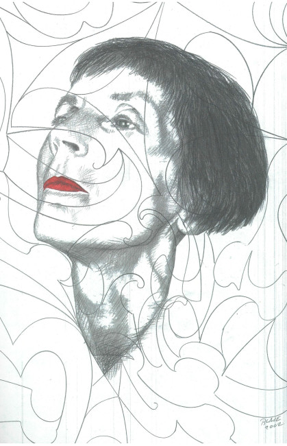 Portrait einer selbstbewussten mittelalten Frau mit Pagenkopf, s/w bis auf die rot geschminkten Lippenn 