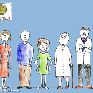 Zeichnung Menschen an einer Bushaltestelle